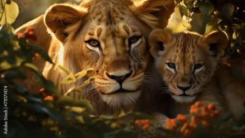 Majestic Lioness Playfully Engaging with Curious Cubs in Golden Savanna - AI-Generative
