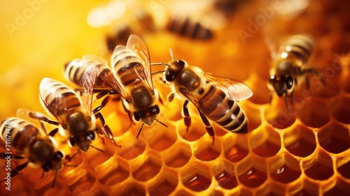 Upclose image of a group of industrious honeybees working together to build a perfect hexagonal cell in a hive.