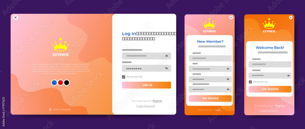 Login and Registration form templates with orange color design. Mobile Sign Up and Sign In page. Professional web design, full set of elements. User-friendly design materials.	