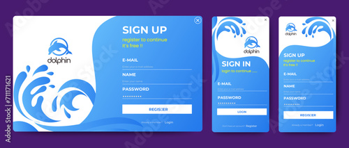 Set of Sign Up and Sign In forms. Blue gradient. Mobile Registration and login forms page. Professional web design, full set of elements. User-friendly design materials