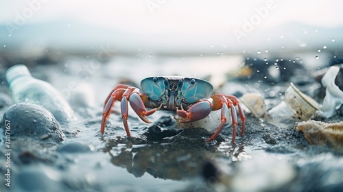 Closeup of a crab crawling on a beach littered with plastic debris, a stark contrast between nature and manmade pollution.