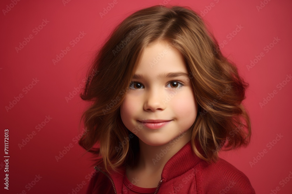 Portrait of a cute little girl on a red background. Beauty, fashion. Portrait of a cute little girl on a red background. Beauty, fashion.