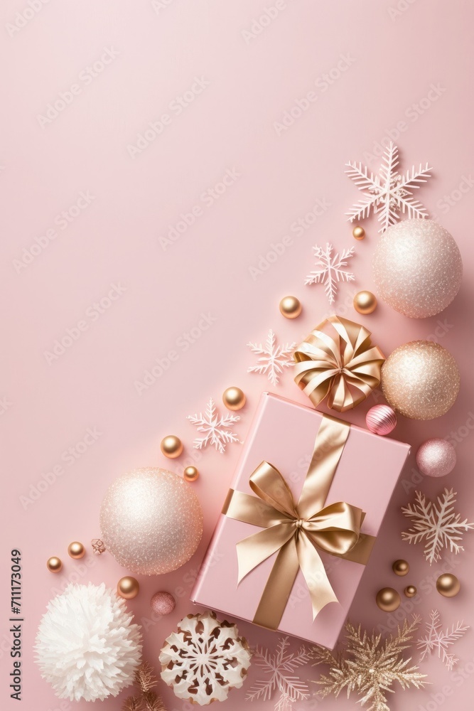 Christmas mood concept. Top vertical view photo of present boxes with bows pine branch in snow gold pink white baubles snowflake ornaments and confetti on isolated pastel pink back, Generative AI