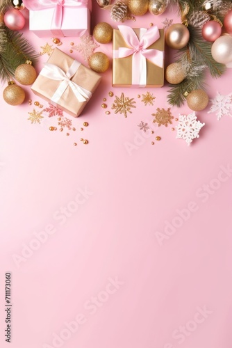 Christmas mood concept. Top vertical view photo of present boxes with bows pine branch in snow gold pink white baubles snowflake ornaments and confetti on isolated pastel pink back, Generative AI © Richa