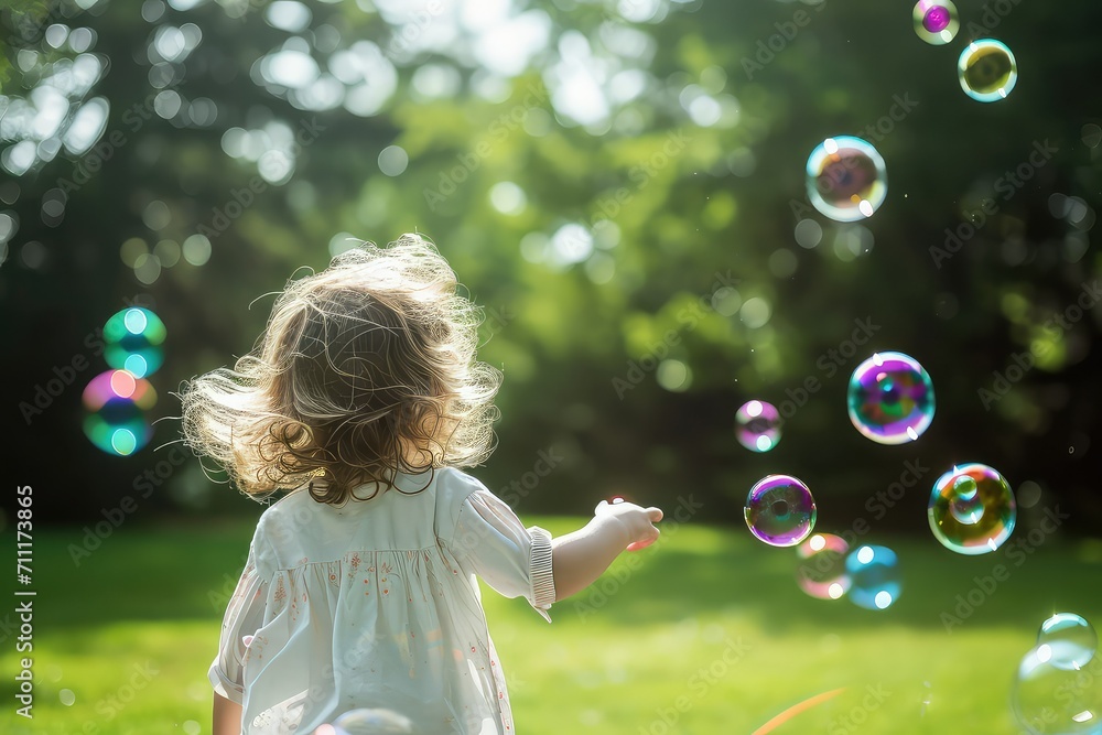 child chasing bubbles in a park, playful, summer joy, child chasing bubbles in a park, playful, summer joy,