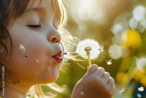 close-up of a child blowing dandelion, joy, spring day, smartphone, portrait lens, afternoon, soft focus, 