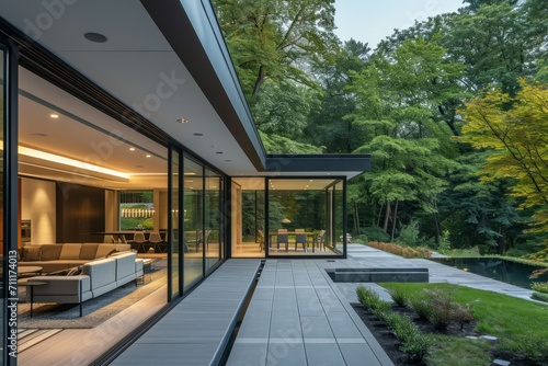 A contemporary house exterior with floor-to-ceiling windows, seamlessly blending indoor and outdoor spaces. The garden view features a mix of greenery and modern landscape design.