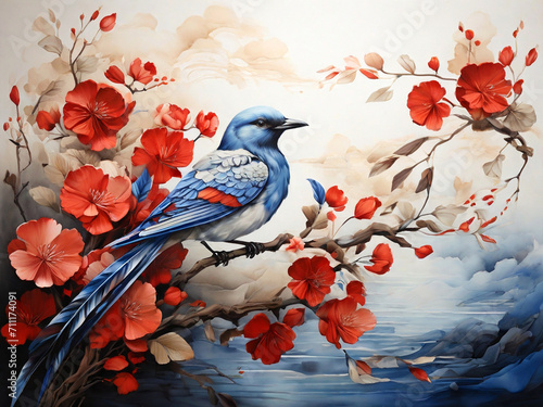Watercolor painting of a blue bird on a branch with red flowers. Created using generative AI tools © Minar Aslanova