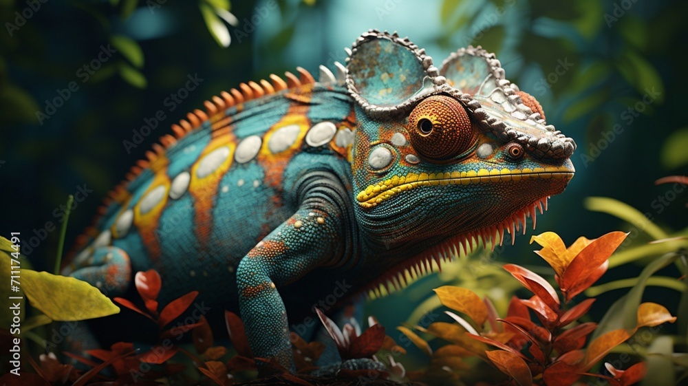 Fototapeta premium Colorful Chameleon Perched on Vibrant Tropical Foliage - AI-Generative