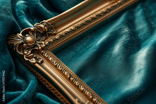 A gold-trimmed frame mock-up presented in close-up detail on a luxurious velvet backdrop. The background features an isolated gradient from rich emerald green to royal blue...