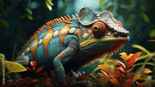 Colorful Chameleon Perched on Vibrant Tropical Foliage - AI-Generative