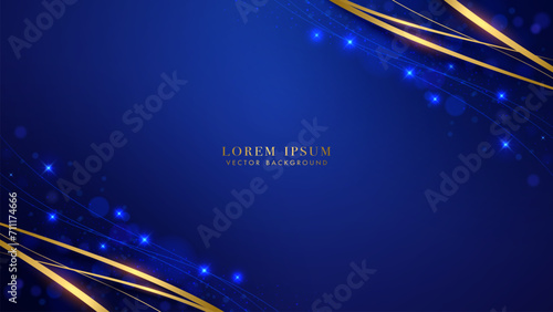 Blue luxury background with golden lines, glitter light effect and bokeh decoration