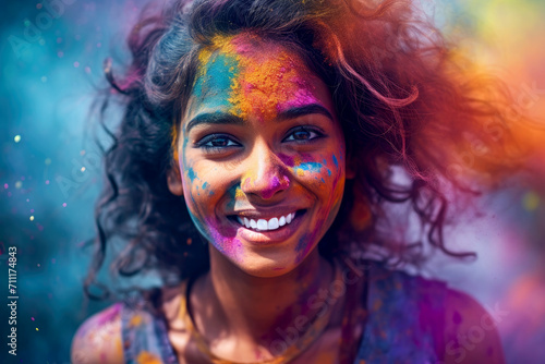 Holi festival, portrait of a young woman in colorful powder explosion. Generative AI.