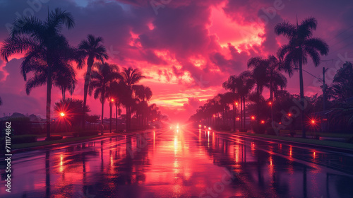 Majestic Sunset Over Gleaming Cityscape Reflecting on Rain-Slicked Street.  © Skrotaa