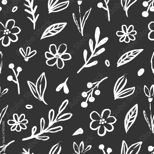 Abstract flower doodle brush seamless pattern. Sketch hand drawn spring floral plant  nature graphic leaf  scribble grunge brush texture black and white ink seamless pattern. Vector illustration