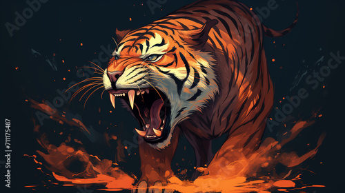 illustration of a fire-colored tiger roaring and standing upright against a colorless background  © Salis