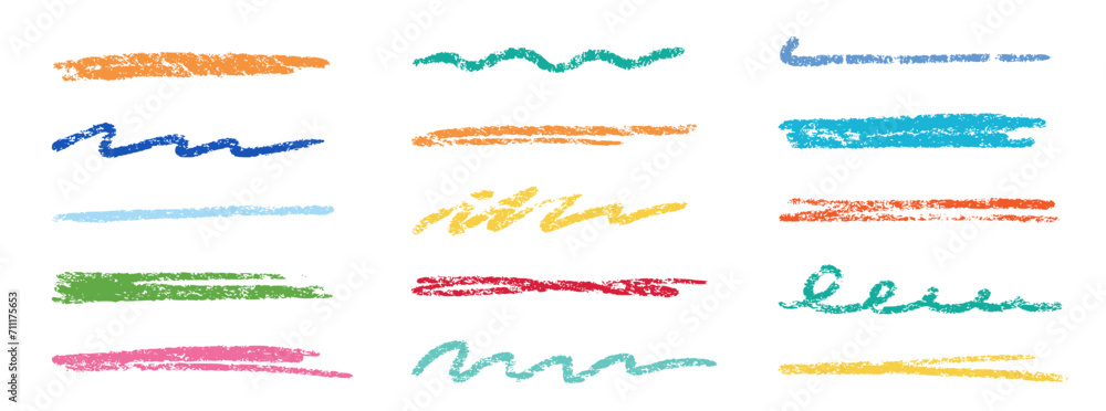 Crayon brush stroke color underline. Chalk pen highlight stroke. Vector hand drawn brush underline element set for accent, crayon texture emphasis element. Color kid chalk vector illustration - obrazy, fototapety, plakaty 