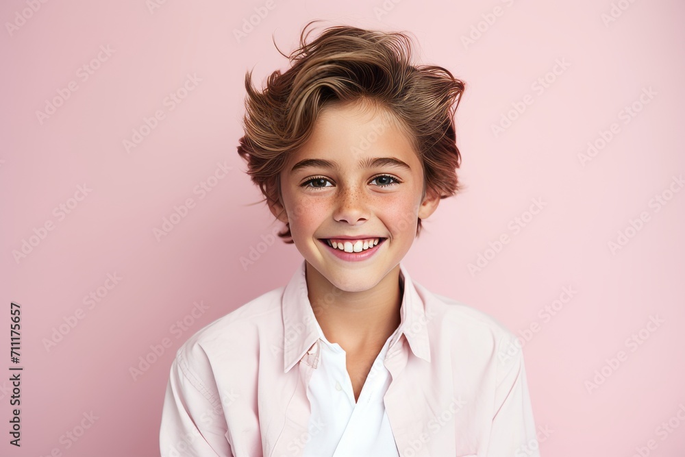Portrait of a smiling little boy in a pink shirt on a pink background Portrait of a smiling little boy in a pink shirt on a pink background