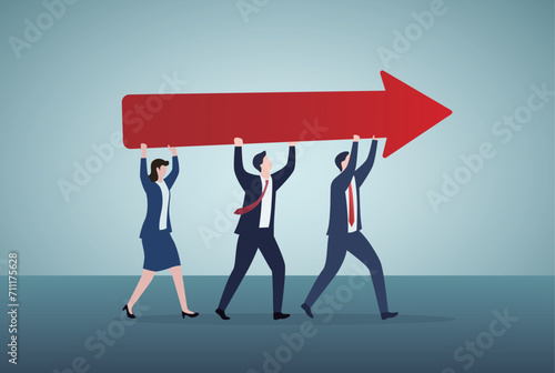 Team success and improvement, sharing same business goal and direction, support and partnership for career growth concept, businessman and woman teamwork help carry big growth rising up arrow graph