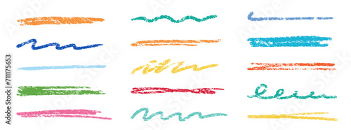 Crayon brush stroke color underline. Chalk pen highlight stroke. Vector hand drawn brush underline element set for accent, crayon texture emphasis element. Color kid chalk vector illustration