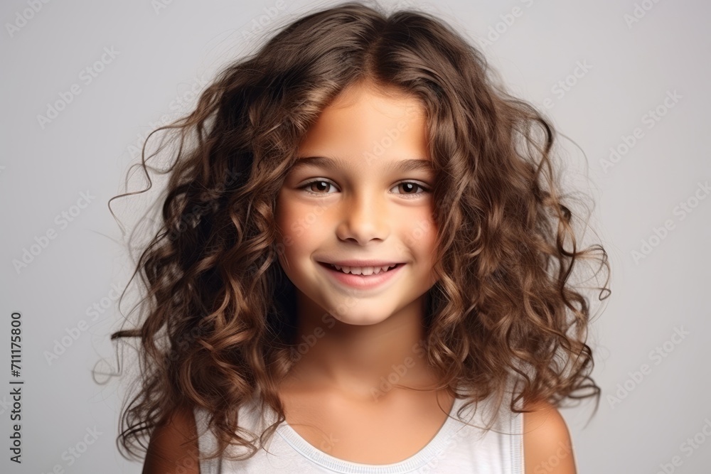 Portrait of a cute little girl with long curly hair over grey background Portrait of a cute little girl with long curly hair over grey background