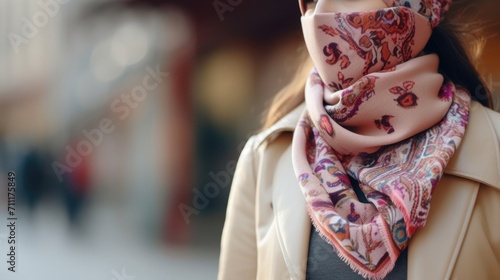 Closeup of a fashionable scarf with builtin sensors that can measure air quality and alert wearers to potential pollutants. photo