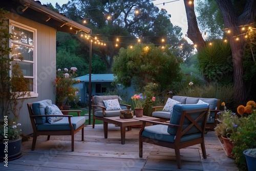 Cozy backyard modern home festooned with garlands in evening, place to relax, generative ai.