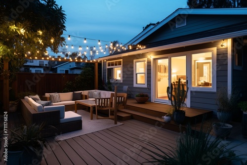 Cozy backyard modern home festooned with garlands in evening, place to relax, generative ai. © inspiretta