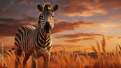 Intense Gaze  Majestic Zebra Basking in Golden Hour Light - AI-Generative
