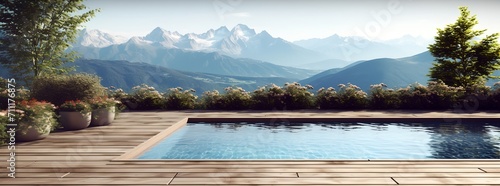 Luxury resort spa pool with mountain views, generative ai. photo