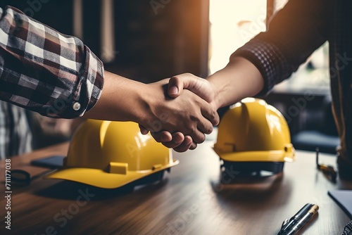 Architect and builder shaking hands, starting new project. photo