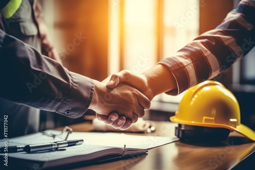 Architect and builder shaking hands, starting new project.