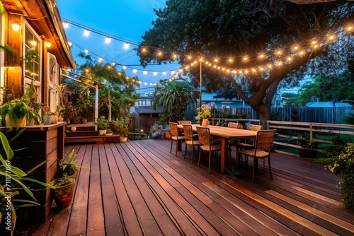 Cozy backyard modern home festooned with garlands in evening  place to relax  generative ai.