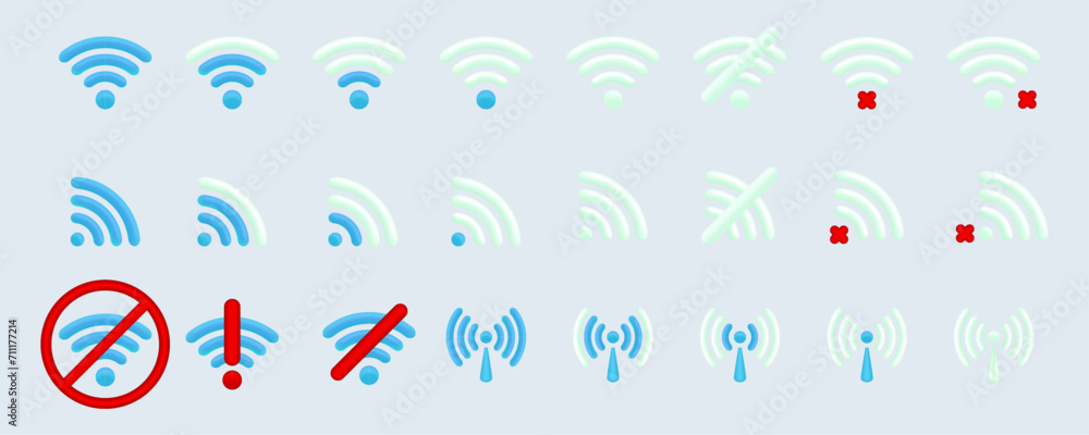 Obraz premium WiFi icon and wi-fi signal strength 3D collection for mobile device. Wireless internet connection collection. No wi-fi, Without wi-fi mobile phone vector. Set of free Wi Fi and hotspot icon. Vector.