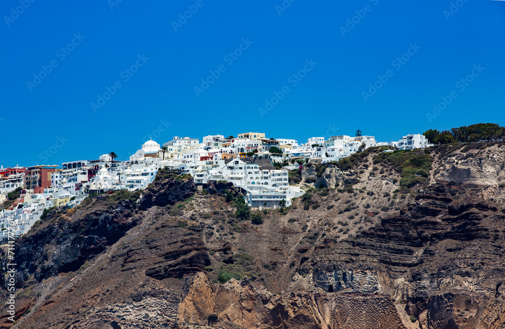 Santorini island. Greece. Wall of the Minoan caldera, with town of Thira