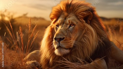 Intense Gaze  Majestic Lion Basking in Golden Hour Light - AI-Generative