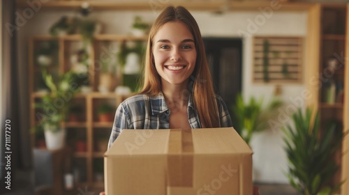 Happy young woman in casual holding box with something and smiling, home interior, making order on Internet with delivery. photo