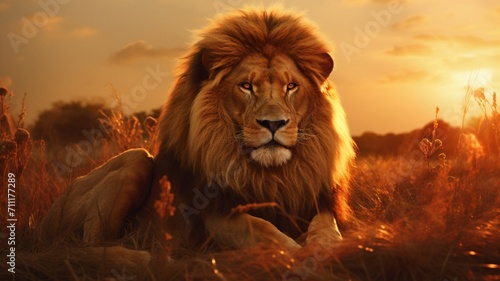 Intense Gaze: Majestic Lion Basking in Golden Hour Light - AI-Generative