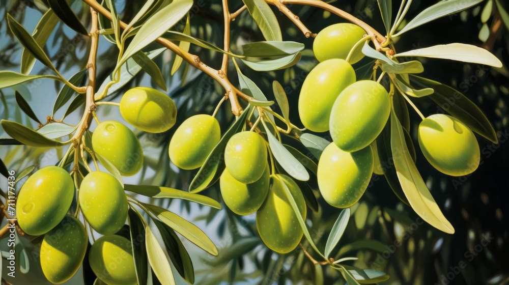 Fototapeta premium Green Olives Hanging on a Sunny Branch
