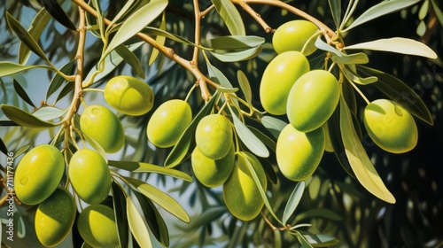 Green Olives Hanging on a Sunny Branch