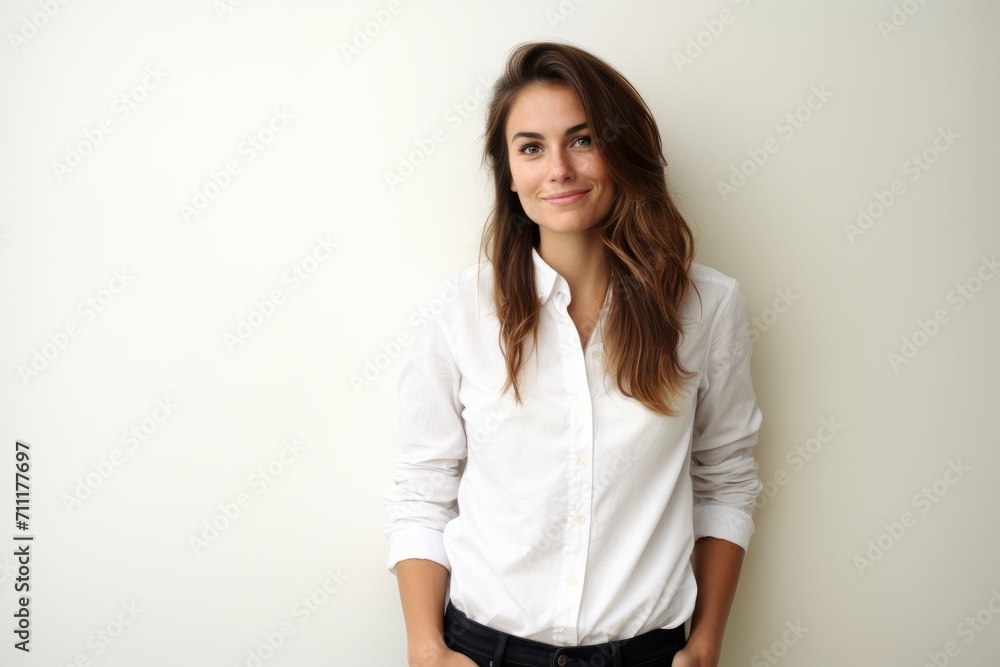Portrait of a beautiful young woman in a white shirt on a white background Portrait of a beautiful young woman in a white shirt on a white background