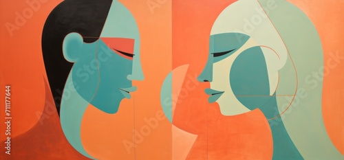 silhouette of a man and woman on an orange background, in the style of light aquamarine and pink, beautiful women