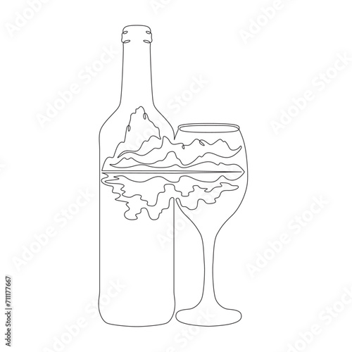 Bottle of wine. Glass for alcohol. Mountain southern sea landscape. Coast.Double exposure. Picture in picture.Continuous one line drawing. Lineart vector illustration.