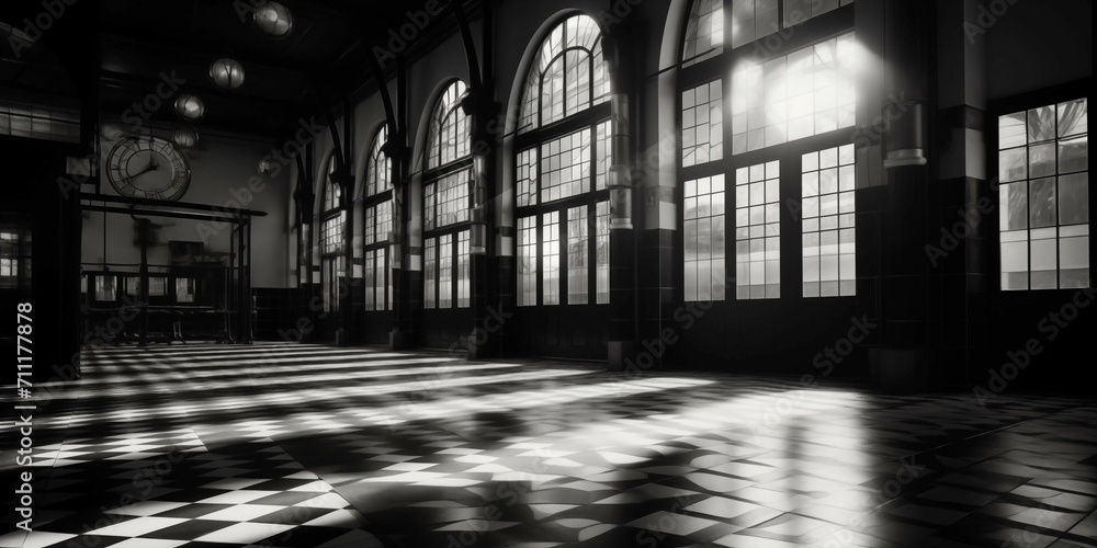 Abandoned factory interior, with brick walls and steel columns, light entering through steel windows, black and withe Abandoned factory interior, with brick walls and steel columns, light entering through steel windows, black and withe