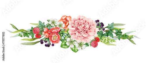 Lush flower decor. Watercolor vintage style illustration. Hand painted garden lush flowers with green leaves decoration. Pink peony, freesia, ivy leaf element. Spring natural decor. White background