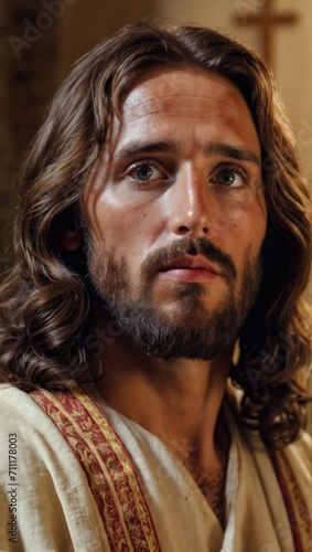 Close up of Jewish Man's face - Jesus of Nazareth photo, with brown hair and skin, and piercing gaze