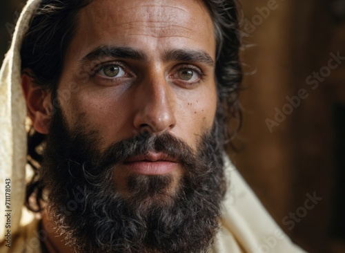 Close up of Jewish Man's face - Jesus of Nazareth photo, with brown hair and skin, a dark beard, long hair, and piercing gaze