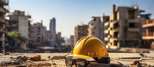 yellow helmet on construction site and excavator background on building construction photo