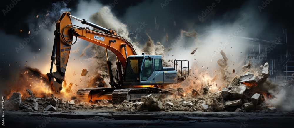 close up of Backhoe bucket working on old building demolition site close up of Backhoe bucket working on old building demolition site