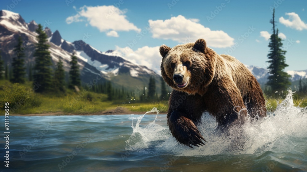 Majestic Grizzly Bear in Action, Skillfully Hunting Fish in Natural Habitat - AI-Generative Majestic Grizzly Bear in Action, Skillfully Hunting Fish in Natural Habitat - AI-Generative